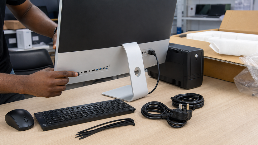 Close-up of an all-in-one desktop workspace with ports, keyboard, mouse and UPS nearby