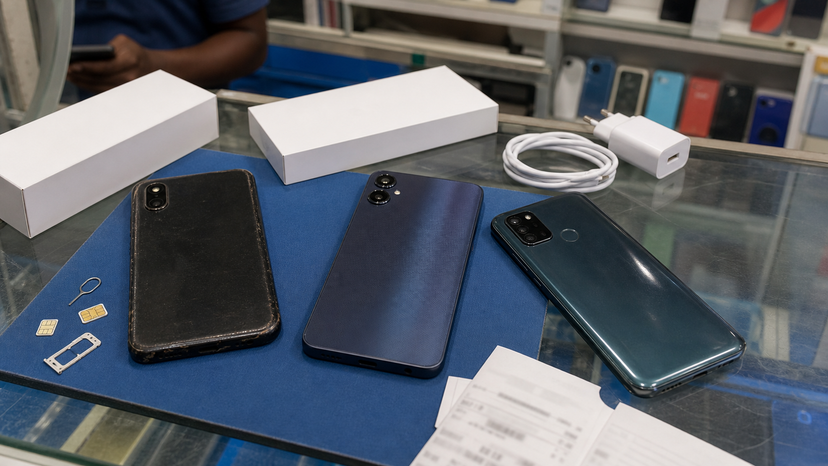 Budget Samsung phone comparison scene showing a new Galaxy A series phone beside older alternatives