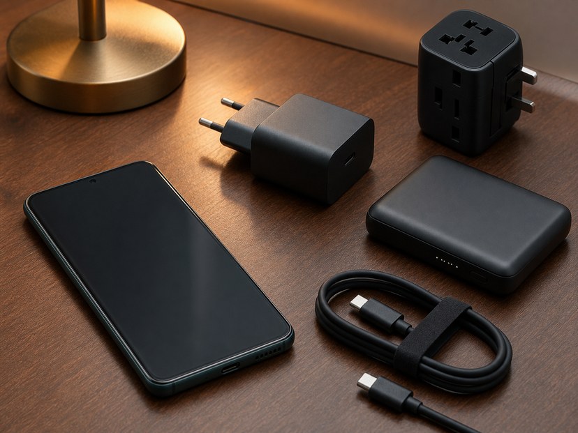 USB-C charger, power bank and premium Android phone arranged for battery buying checks