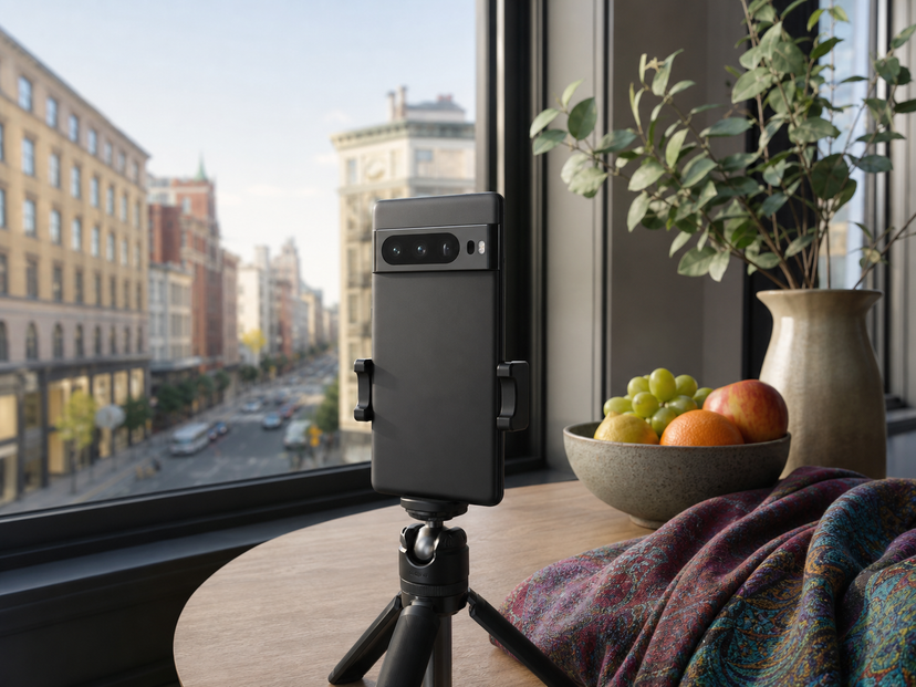 Premium Android phone camera setup beside photo test objects and a city window view
