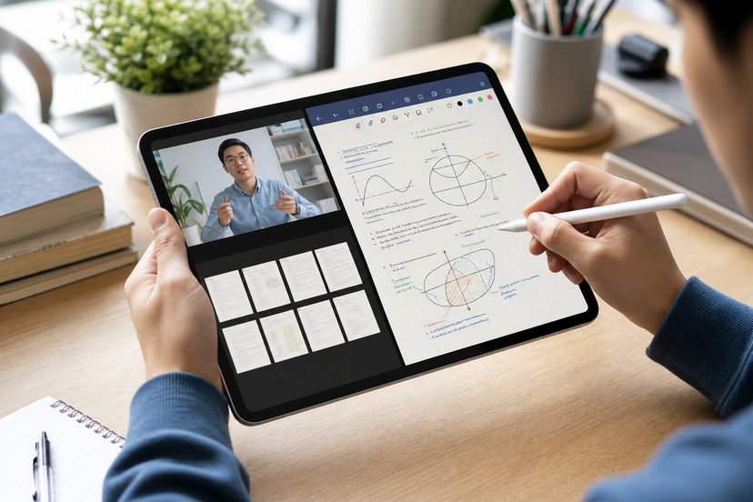 11-inch tablet used with a stylus for lecture notes and split-screen study