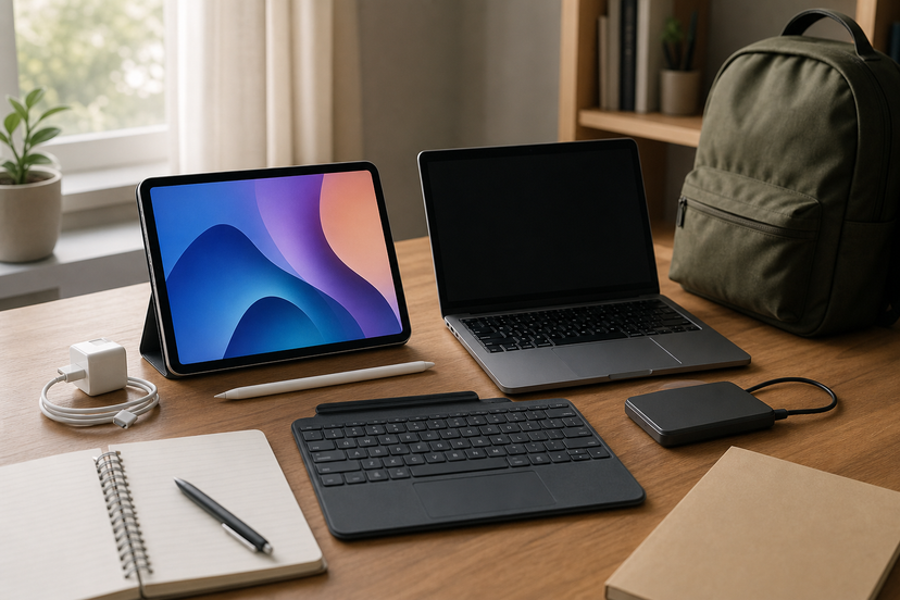 Tablet, keyboard, stylus, charger and laptop arranged for a buyer decision