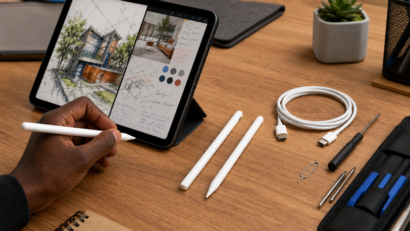 Two Apple-style white styluses next to an iPad and USB-C cable on a desk