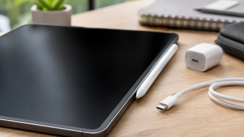 Close-up of an iPad edge with a white stylus attached magnetically