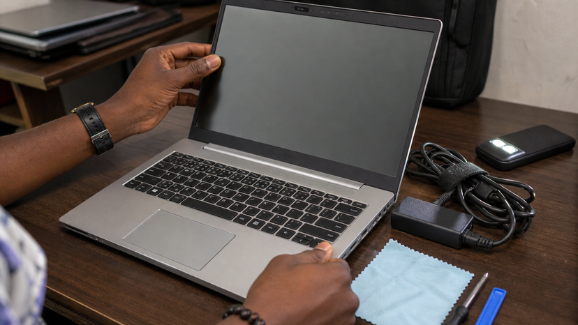 Close inspection of a used 14-inch HP workstation laptop screen keyboard and charger on a desk