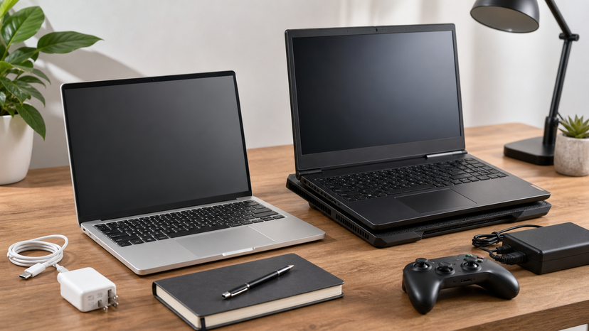 Side-by-side visual comparison of a slim 14-inch work laptop and a larger gaming laptop without logos