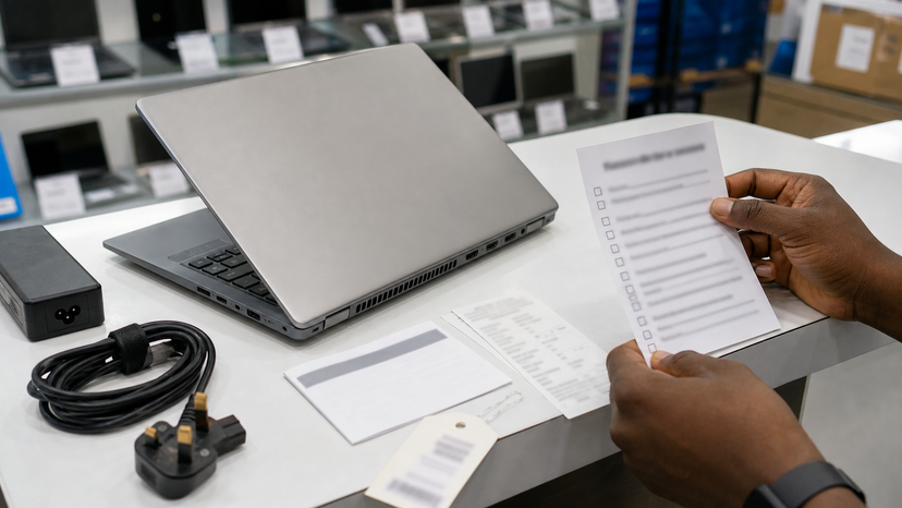 Laptop buyer comparing ports, charger, warranty card and product label before checkout