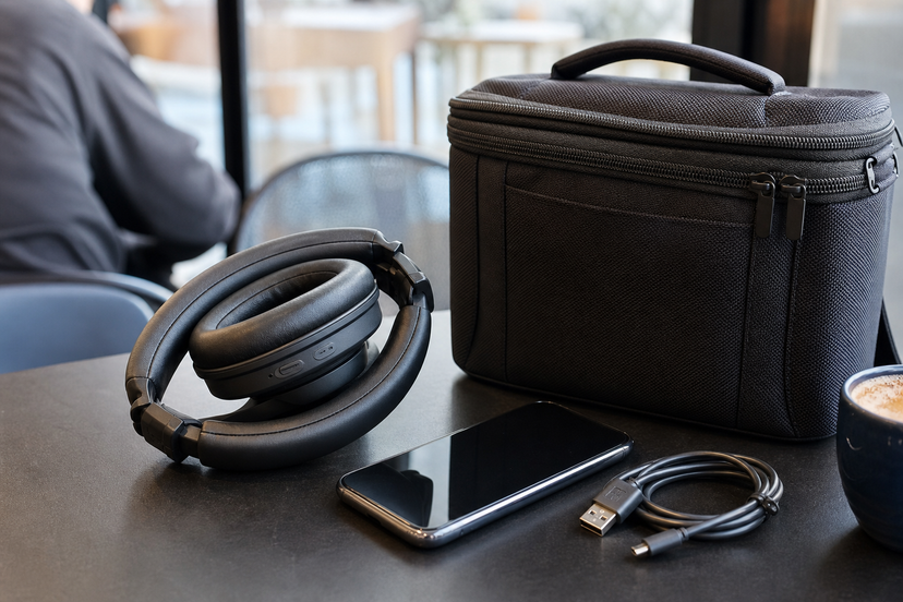 Folded over-ear headphones with a phone, travel bag and USB-C cable on a table