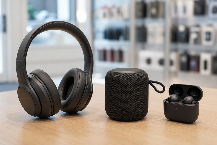 Over-ear headphones beside a portable speaker and earbuds case on a retail table