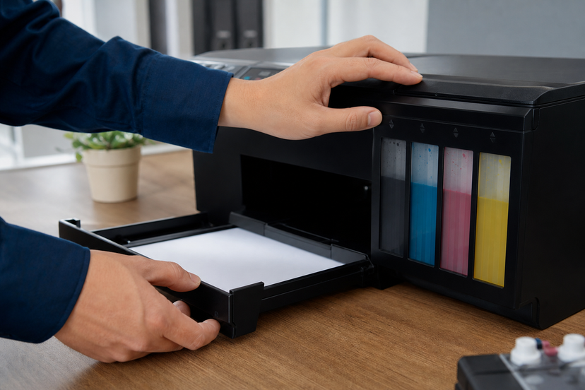 Hands checking paper tray and ink tanks on an office ink tank printer