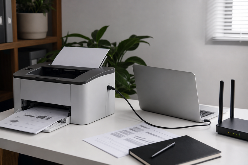 Office printer connected near a laptop and router for shared printing