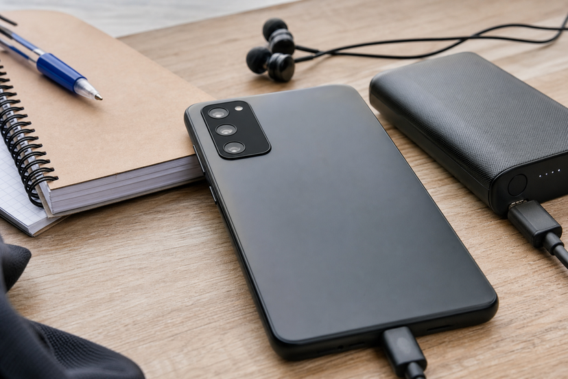 Budget smartphone with power bank and school items for battery-focused buying advice