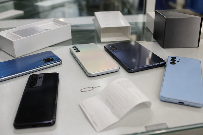 Several Android smartphones arranged on a shop counter for comparison before buying