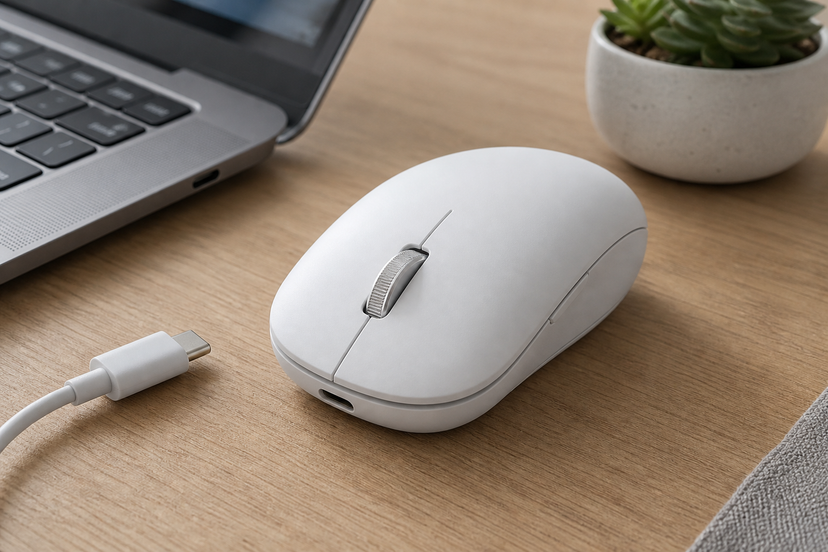 Rechargeable wireless mouse near a USB-C cable and laptop port