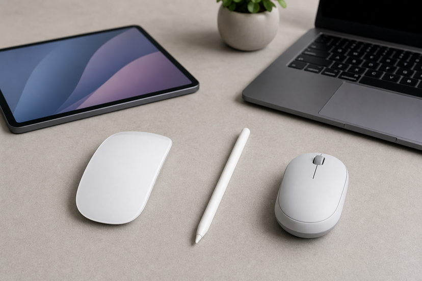Wireless mouse, stylus and budget mouse arranged beside laptop and tablet