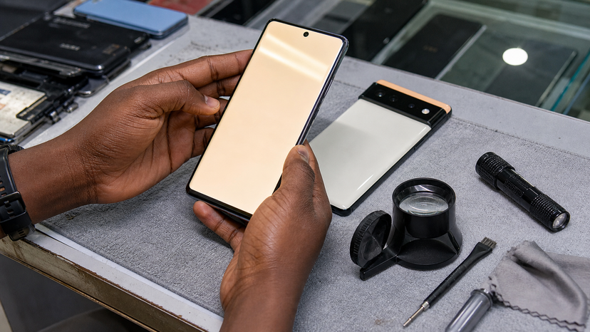 Close view of a used Google Pixel style phone being inspected for screen and camera condition