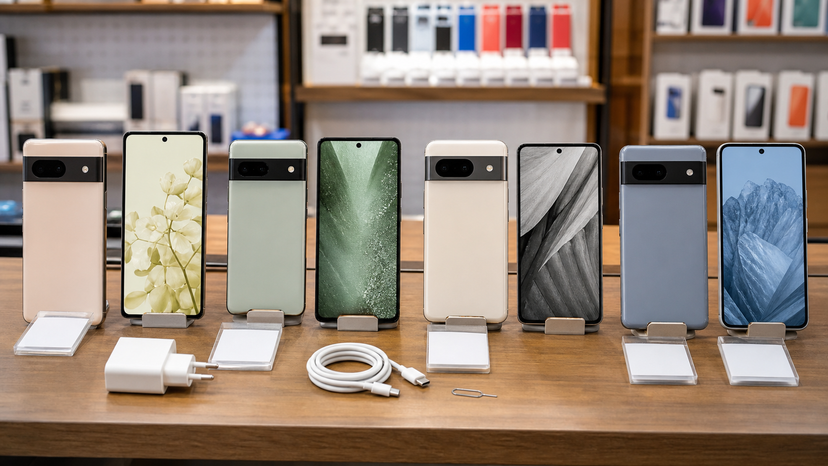 Pixel phone comparison setup showing different handset sizes and charging accessories