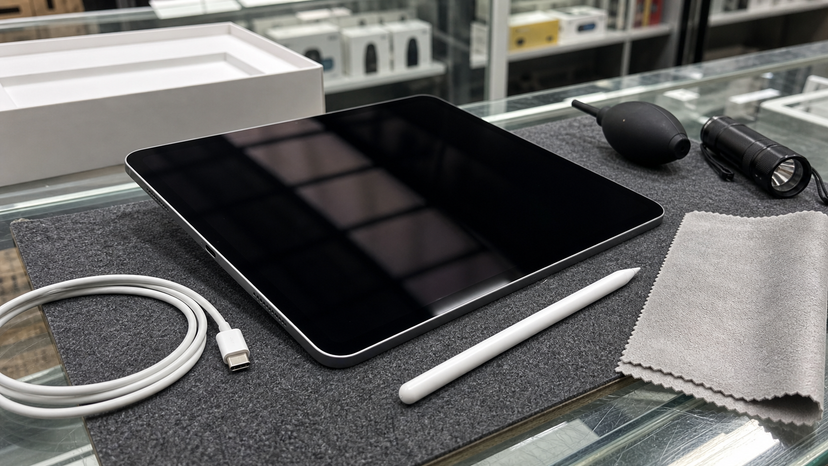 Close view of a tablet display being inspected with stylus and USB-C cable nearby