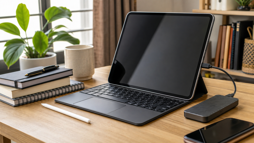 Tablet workstation with keyboard, stylus, external drive and notebooks on a study desk