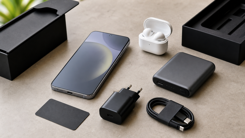 Samsung Galaxy S24 Plus beside earbuds power bank and USB C charger on a neutral table