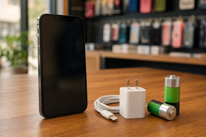 Large smartphone with charging accessories and battery props on a retail counter