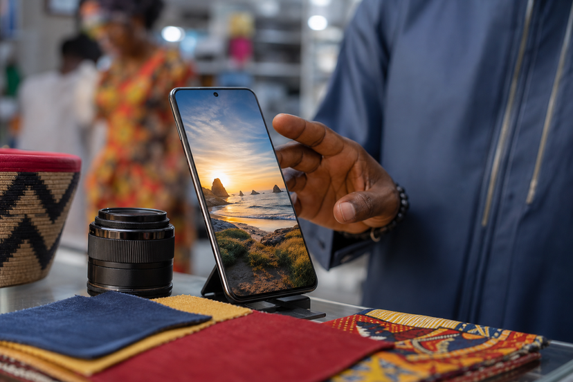 Large smartphone shown beside camera and fabric props in a phone retail setting
