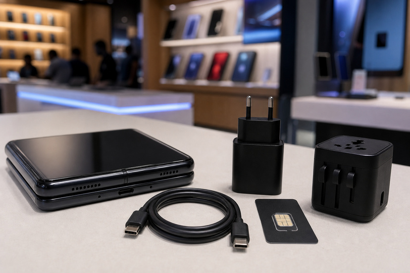 Foldable smartphone with USB-C cable, charger, SIM and travel adapter on a shop counter
