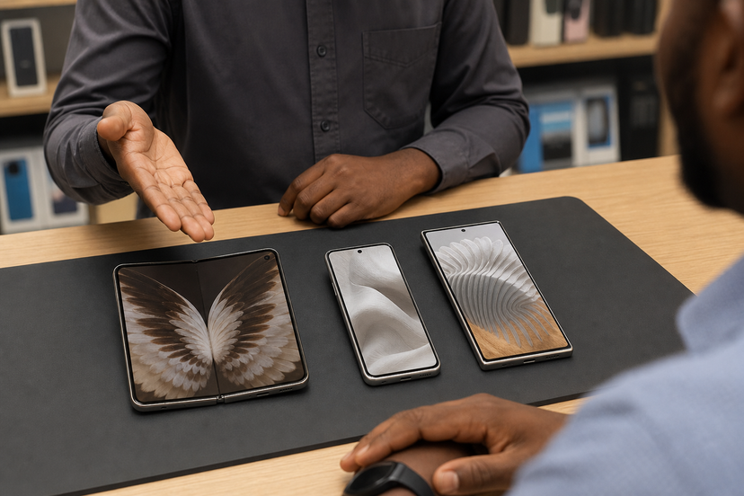 Three premium Pixel-style phones compared on a consultation desk