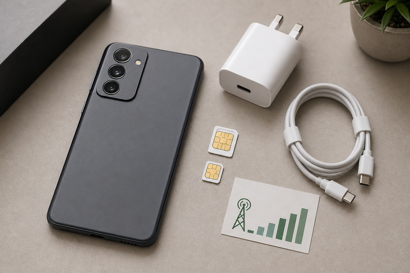 Pixel-style phone with SIM cards and USB-C charging accessories for compatibility checks