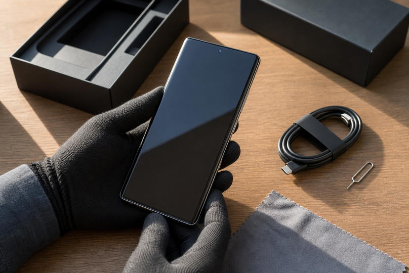 Open-box phone condition inspection with microfiber cloth and USB-C cable
