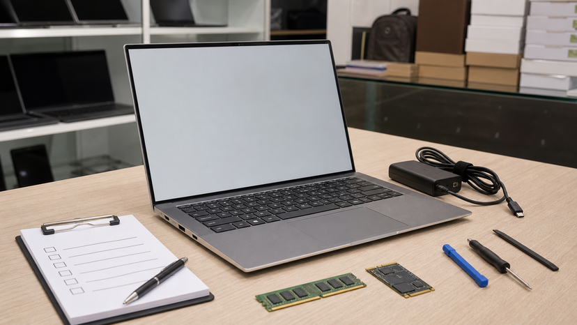Used workstation laptop inspection setup with charger, ports, battery note, and SSD/RAM checklist
