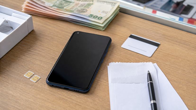 Budget smartphone buyer desk with phone, SIM cards and price notes for Nigeria