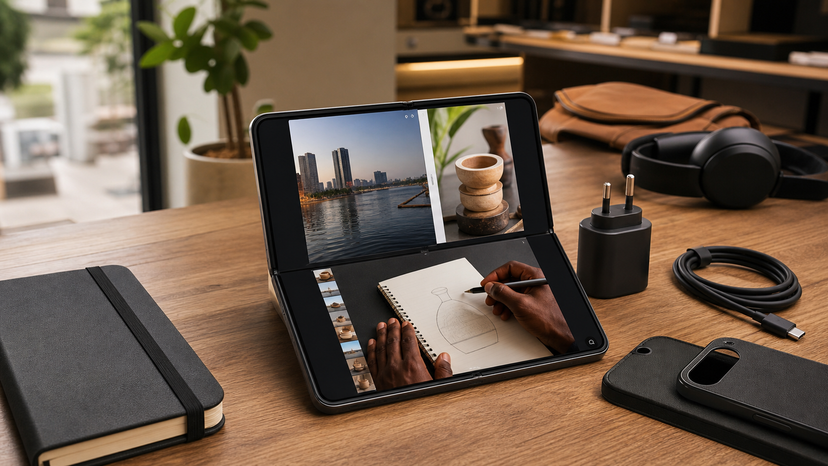 Foldable smartphone shown open for split screen work with notebook and USB-C charger nearby