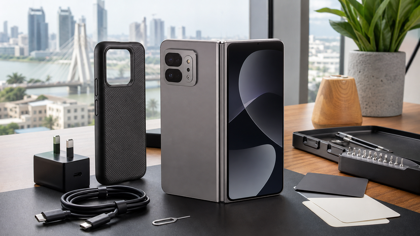Foldable smartphone camera side with Lagos-inspired workspace details and charging accessories