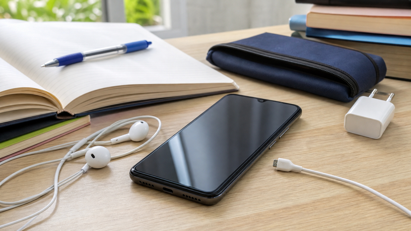 Large screen budget smartphone on a study desk with notebooks and earphones
