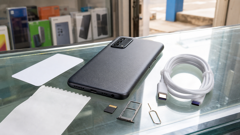 Budget smartphone beside Type-C cable, memory card and SIM tray tools