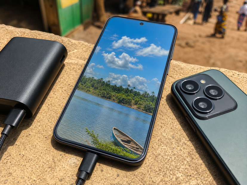 Modern Android phone used outdoors with power bank and USB-C cable nearby
