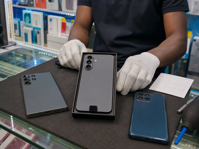 Open-box premium smartphone being inspected beside alternative phones on a tech shop counter