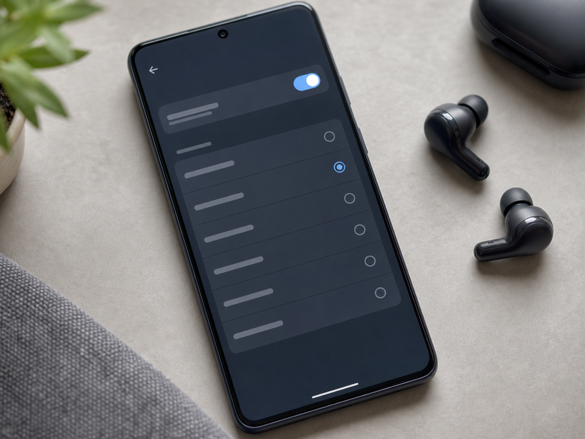 Android phone Bluetooth audio settings concept beside wireless earbuds