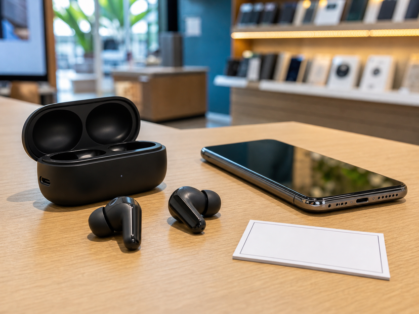 Wireless earbuds and smartphone on a retail counter with warranty card
