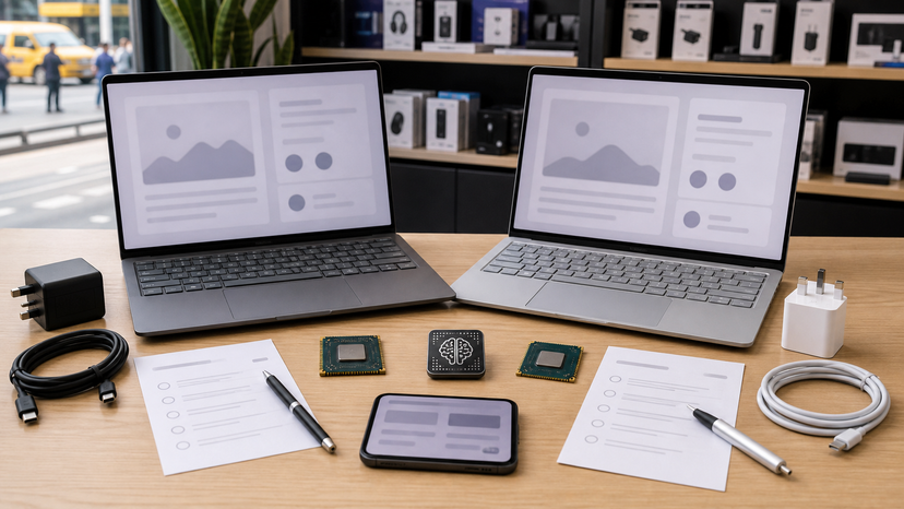 Comparison diagram showing ASUS Zenbook A14 UX3407QA versus UX3407NA processor, NPU, charger and buyer fit