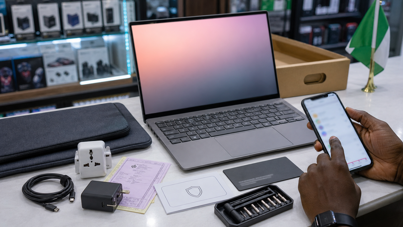 Nigeria buying checklist for ASUS Zenbook A14 covering ARM software, charger, warranty, OLED condition and return window