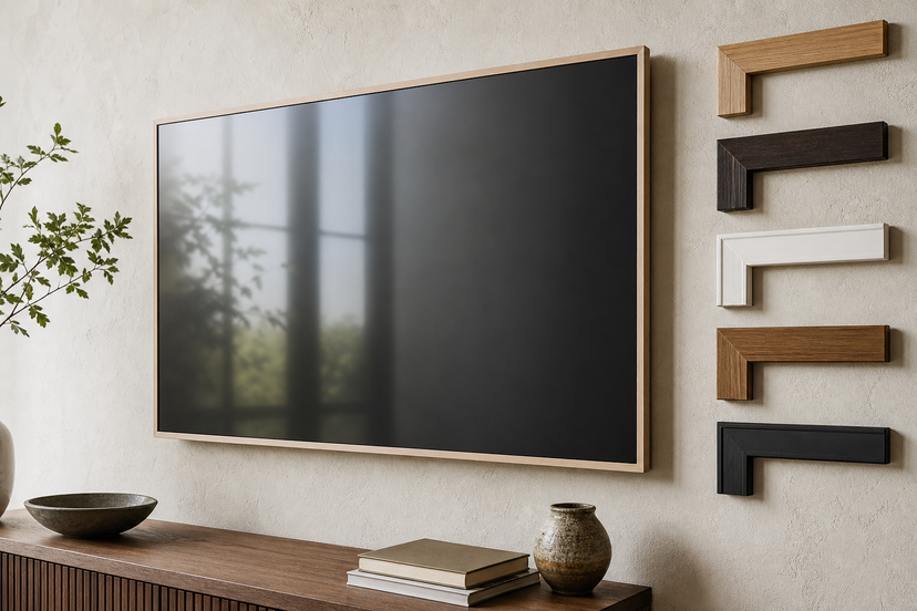 A close view of a slim art-style TV with frame samples beside it