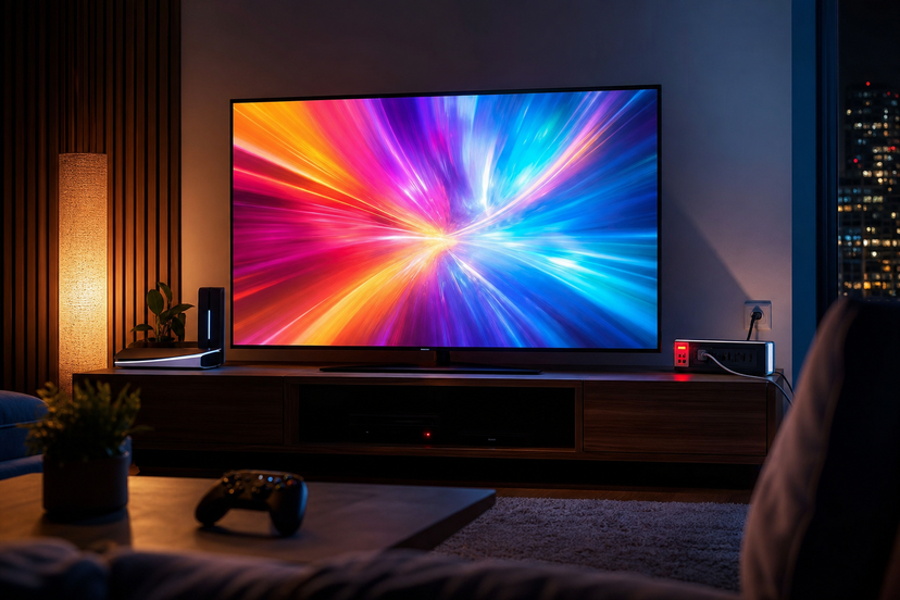 A living room gaming setup with a large TV, controller, cables and power protection