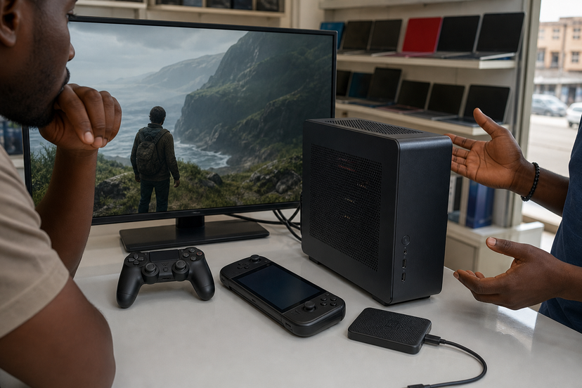 Compact gaming PC connected to a TV with handheld and storage accessories in a Nigerian electronics shop