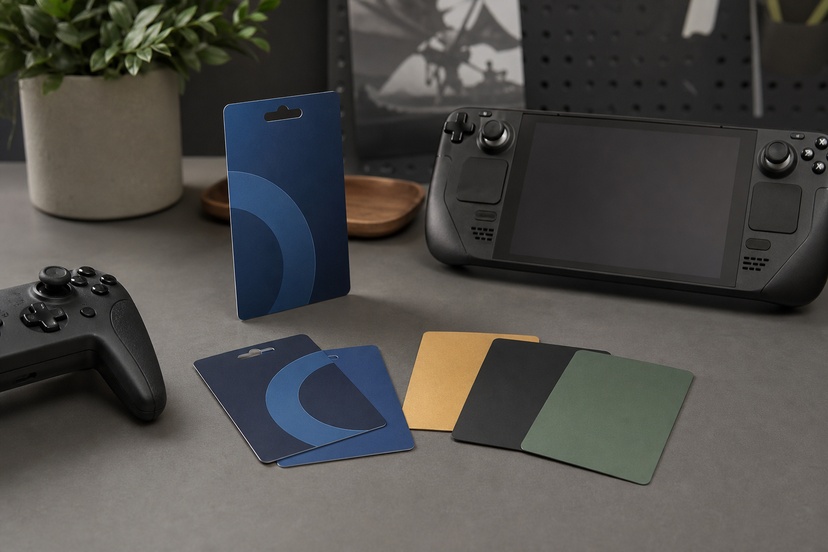 Plain digital voucher cards beside a handheld gaming PC and controller with no logos or readable text