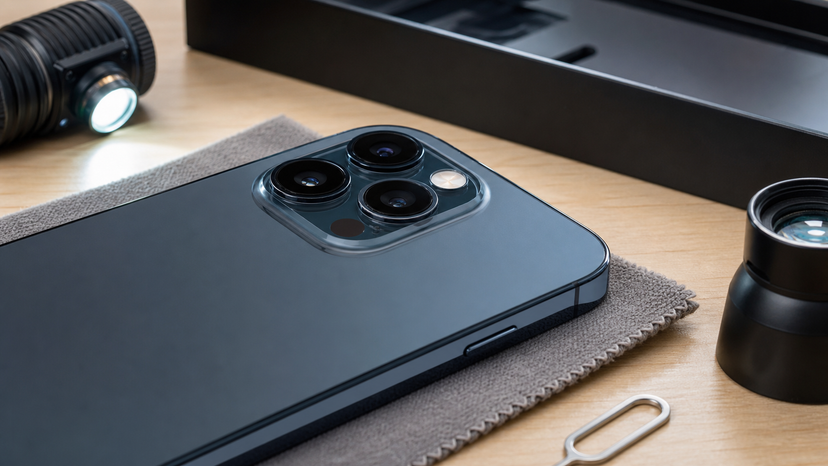 Close-up of an iPhone camera module being inspected under soft studio light