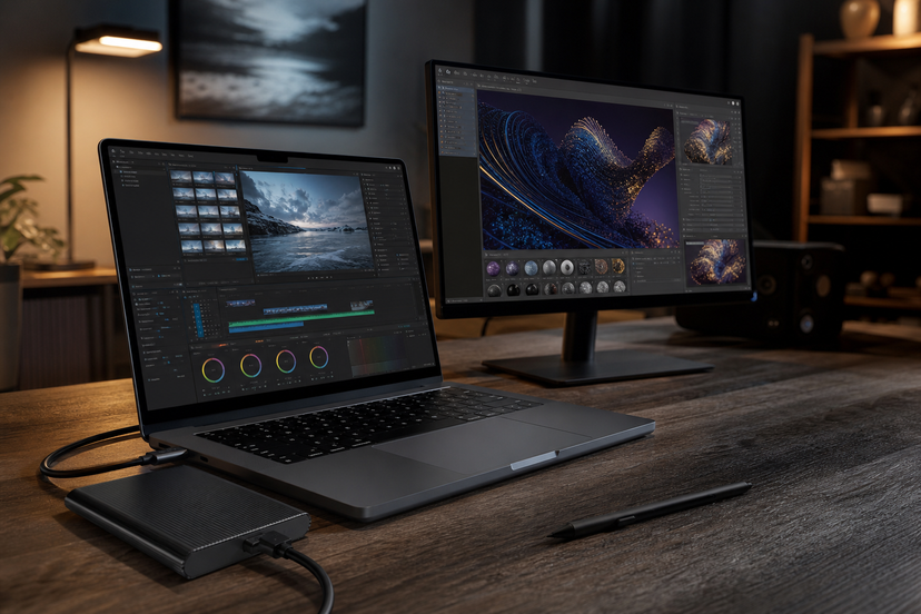 Slim creator laptop connected to a monitor and external storage