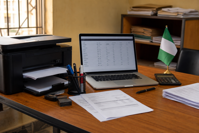 Laptop beside a multifunction printer on a small office desk
