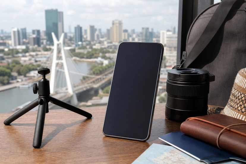 Premium smartphone beside camera accessories with a city view